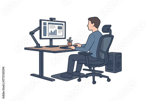 high performance workstation with ergonomic design and posture optimization tools flat vector illustration style isolated on white background