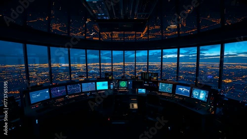 Air traffic control tower interior with panoramic night city view and multiple monitors
