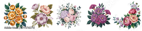 A collection of five floral arrangements featuring various colors and styles on transparent background