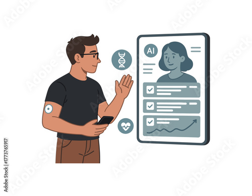 biohacker using AI health assistant for predictive longevity recommendations flat vector illustration style isolated on white background