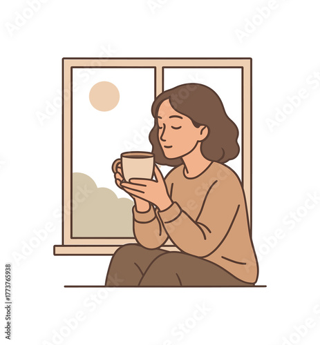 slow morning ritual sipping tea by the window peaceful start to the day flat vector illustration style isolated on white background