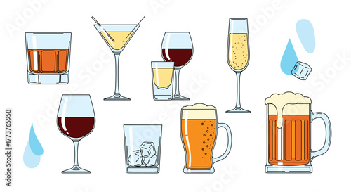 A collection of various alcoholic and non-alcoholic beverages depicted in a fun and colorful vector illustration style with a clean white background and small blue water droplets.