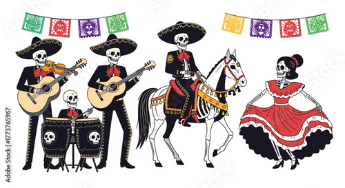 Day of the dead skeletons celebrating with music and dancing.