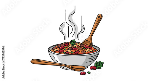 A steaming hot bowl of hearty bean chili topped with fresh cilantro served with a wooden spoon and some scattered beans nearby.