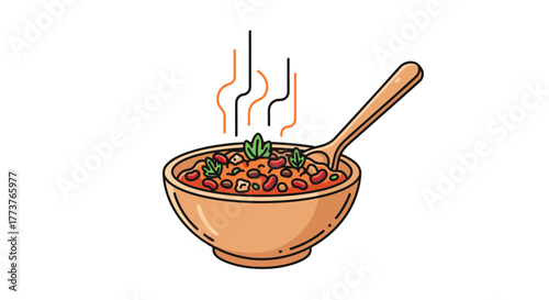 A steaming bowl of hearty chili with kidney beans and garnished with fresh parsley is ready to be served.