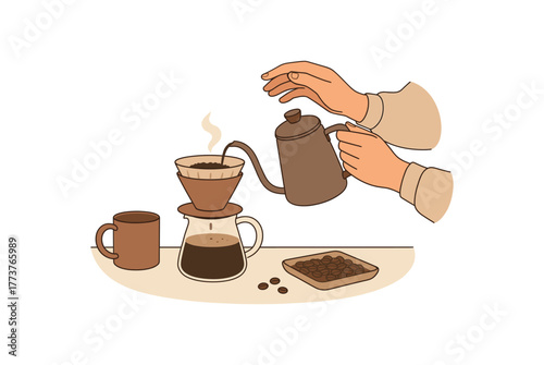 preparing pour over coffee slow morning ritual and sensory enjoyment flat vector illustration style isolated on white background