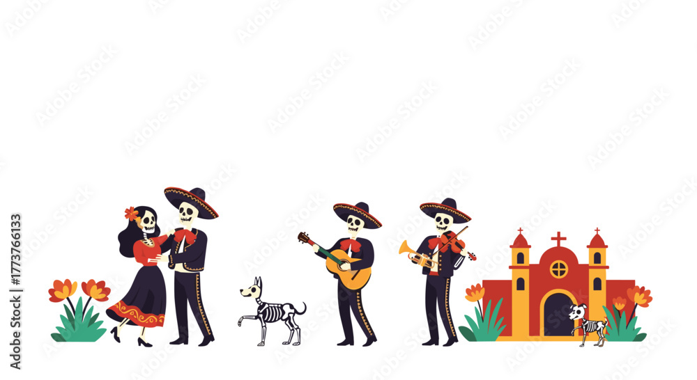 Fototapeta premium Dia de los Muertos celebration with skeletons dancing playing music and a church.
