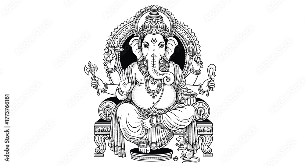 Fototapeta premium An intricate black and white illustration of the Hindu deity Ganesha seated majestically on a decorative throne with multiple arms and an ornate headdress.
