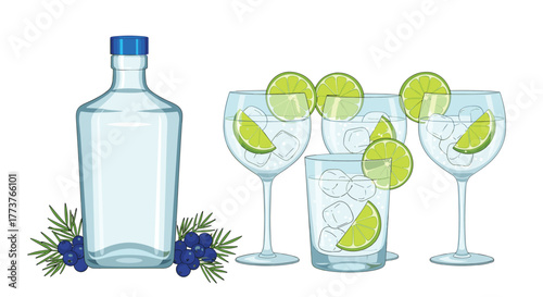 A still life composition featuring a clear glass bottle of clear spirits surrounded by fresh juniper berries and sprigs next to three glasses filled with ice and lime slices.