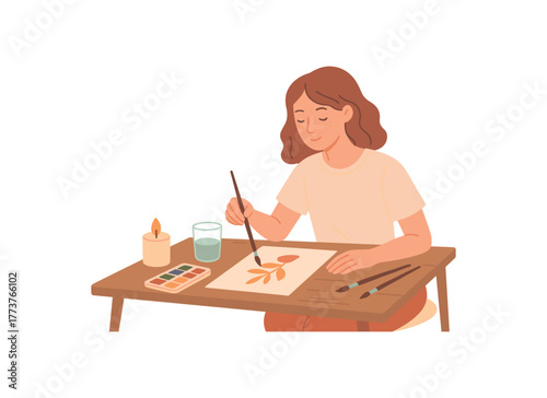 painting with watercolors creative slow living afternoon and self expression flat vector illustration style isolated on white background