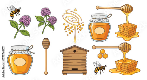 Sweet nectar and golden liquid drips from honeycomb onto wooden dippers and jars of honey.