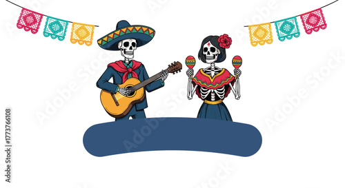 Day of the dead skeletons playing music and dancing under festive decorations.