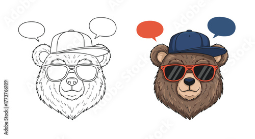 Adorable cartoon bear wearing a baseball cap and sunglasses speaks with speech bubbles for communication and expression.