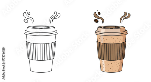 A detailed illustration of a hot beverage in a disposable cup with steam rising.