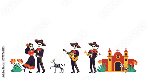 Dia de los Muertos celebration with skeletons dancing playing music and a church.