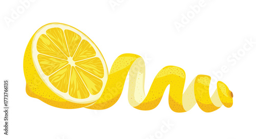 A bright yellow lemon is cut in half and a spiral of its peel unfurls from the cut edge on a white background.