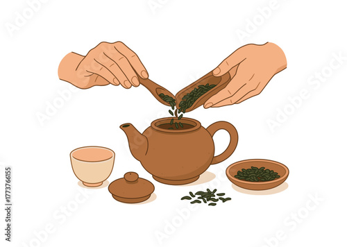 brewing loose leaf tea with care slow living tradition and sensory mindfulness flat vector illustration style isolated on white background