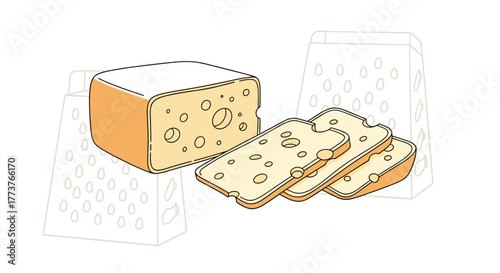 A block of delicious Swiss cheese is sliced with holes for a grate as a backdrop.