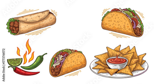 A colorful collection of delicious mexican food items including tacos burritos nachos and spicy peppers for your culinary inspiration.