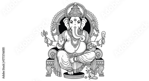 An intricate black and white illustration of the Hindu deity Ganesha seated majestically on a decorative throne with multiple arms and an ornate headdress.