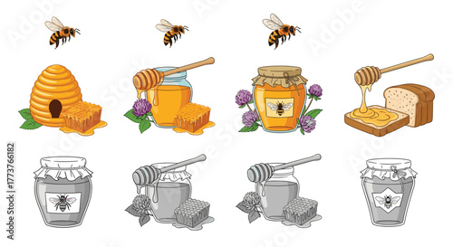 Delicious natural honey products with bees and honeycomb elements.