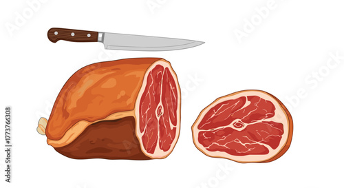 Slicing a large piece of cured ham with a sharp kitchen knife for a delicious meal.