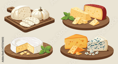 A delicious assortment of gourmet cheeses presented on rustic wooden boards for a delightful culinary experience.