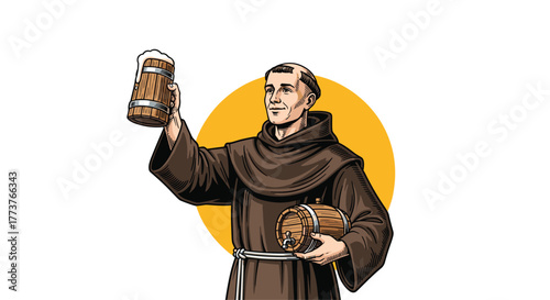 A Franciscan monk in his habit raises a frothy mug of beer in celebration while holding a small wooden barrel.