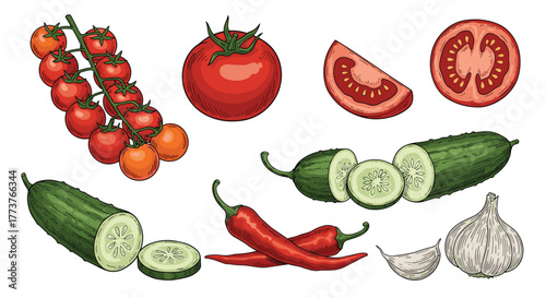 Fresh and vibrant ripe red tomatoes sweet cherry tomatoes ripe red chili peppers and crisp green cucumbers with garlic cloves perfect for healthy cooking and vibrant salads.