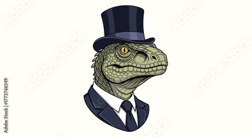 A dapper dinosaur wearing a formal suit and top hat stands out in a unique and charming way.