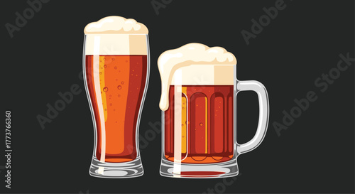 Two refreshing glasses of amber colored beer with frothy heads are shown against a black background, one in a tall Pilsner glass and the other in a classic beer mug.