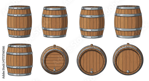 A collection of eight pixel art wooden barrels including top and side views.