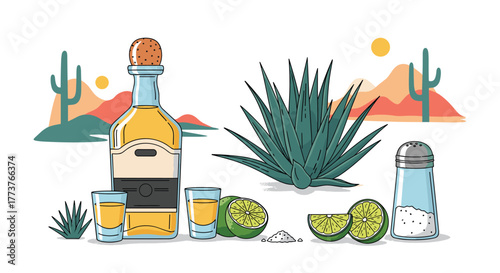 A bottle of tequila with shots lime wedges and a salt shaker in a desert landscape