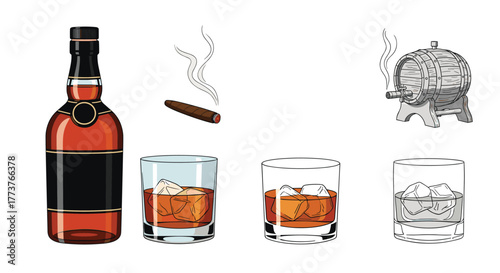 A collection of illustrations depicting a bottle of amber liquor next to three glasses filled with ice cubes and amber liquid a smoking cigar and a wooden barrel on a white background.