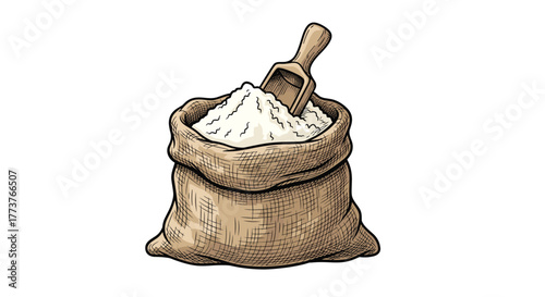 A burlap sack filled with a white powdery substance and a wooden scoop is ready for use.
