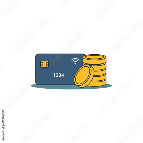 Credit card and coins represent financial transactions and savings in a modern, cashless economy, symbolizing wealth and security.