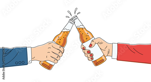 Two people toasting with beer bottles celebrating a successful business deal or event.