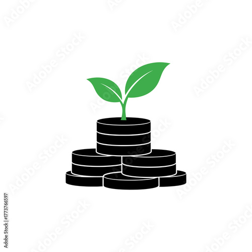Green sprout growing from stack of coins symbolizing financial growth and investment in future success, on white backdrop.