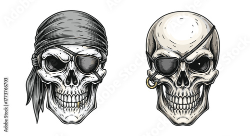 Two spooky pirate skulls with eye patches and headscarves illustrating a grim and dangerous adventure.