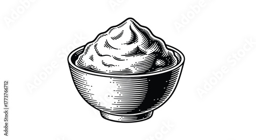 A close up sketch of mashed potatoes served in a bowl.