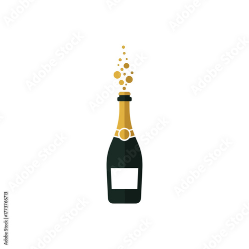 Stylized graphic illustration of a popping champagne bottle with effervescent golden bubbles, symbolizing celebration, luxury, and festive occasions like anniversaries and New Year's events