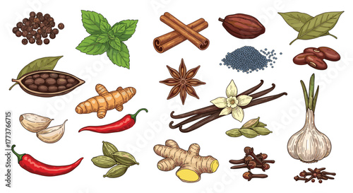An assortment of fragrant spices and herbs commonly used in cooking and baking to enhance flavor and aroma.
