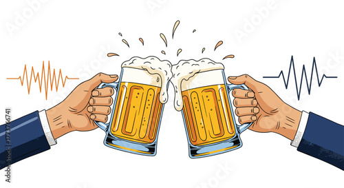 Two hands in suits toasting with frothy beer mugs celebrating good times and success together.
