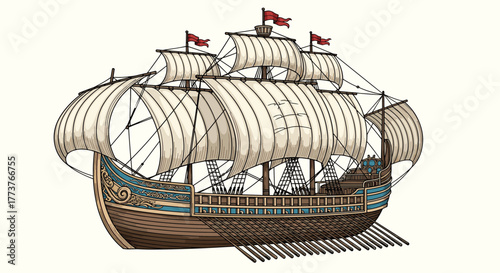 An ancient sailing ship with multiple masts and billowing sails navigates the vast ocean, a testament to maritime exploration and adventure.