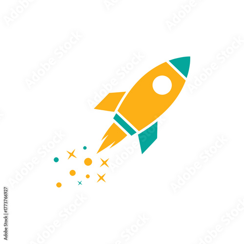 Cartoon rocket ship soars upward, leaving trail of stars against white backdrop, symbolizing innovation and progress.