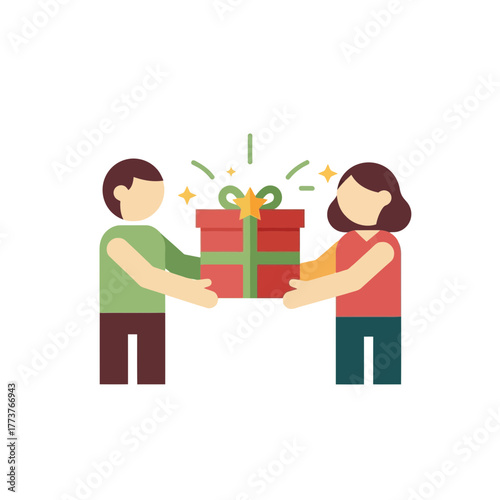 Heartfelt moment of two individuals exchanging a beautifully wrapped gift, representing festive celebrations, thoughtful gestures, and joyful connections between people