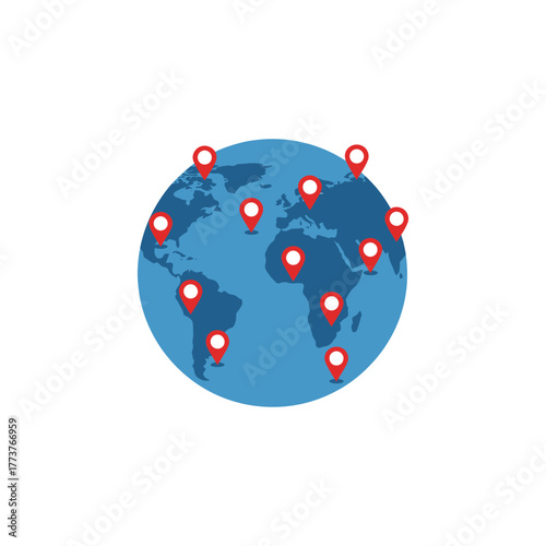 World map showing location pins marking various places around the globe, symbolizing global presence and connectivity in a modern style.