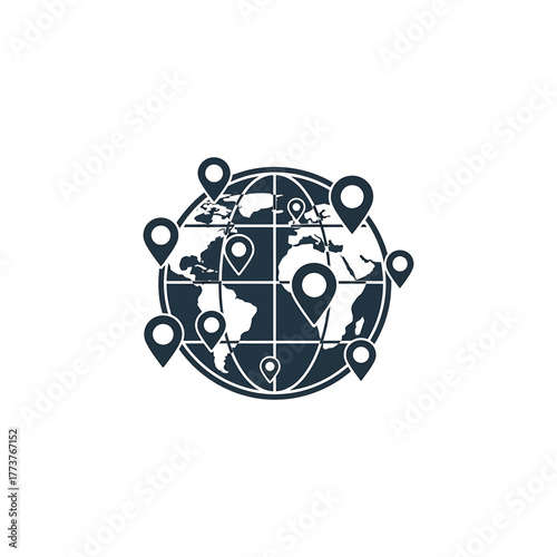 Globe shows location pins around the world, symbolizing global connectivity and navigation for business and travel, creating a sense of global outreach.