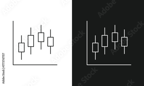 Minimalist Candlestick Chart Icon Illustration Featuring Five Rising Price Candles with Axis Grid in Split Black and White Contrast, Technical Analysis Visual for Trading, Investment, and Market Trend