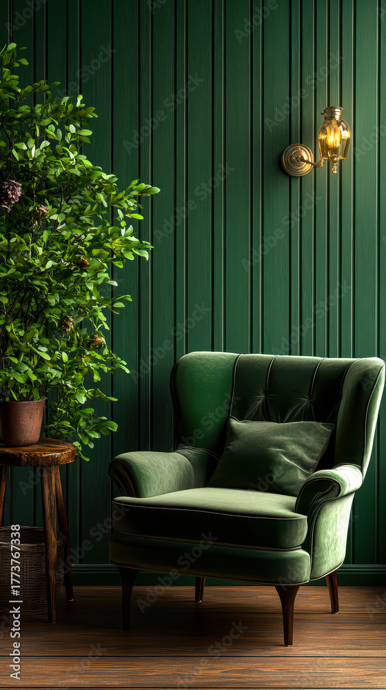 Obraz premium Dark Green Interior Retro Armchair with Indoor Plant and Vintage Wall Lamp in Cozy Home Setting 3D Render